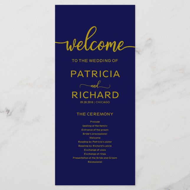 Wedding Order of Service Program Gold Navy Blue (Front)