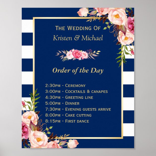 Wedding Order Of The Day Floral Navy Blue Stripes Poster