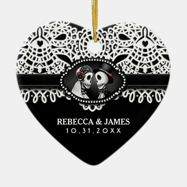 Wedding Ornament Black White Skeletons Lace Names (Front)