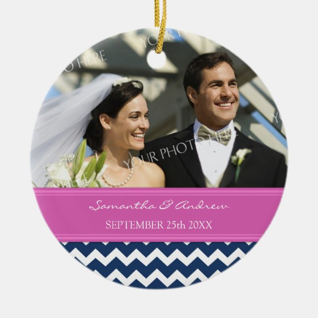 Wedding Ornament Favor Blue Hot Pink Chevron (Front)
