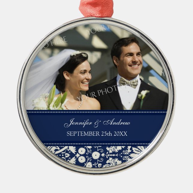 Wedding Ornament Favor Blue White Damask (Front)