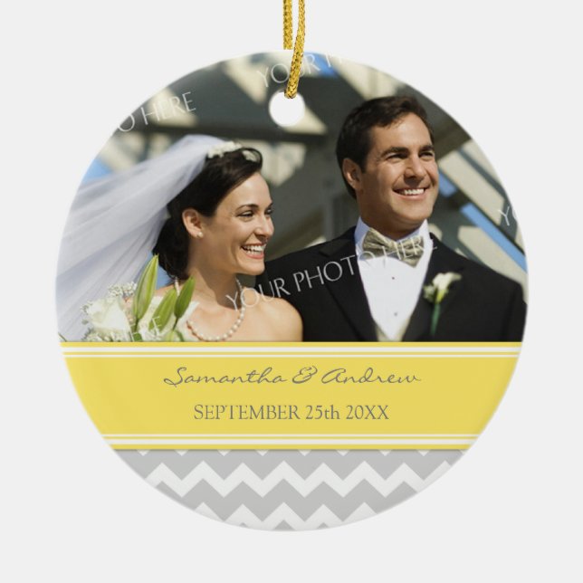 Wedding Ornament Favor Grey Yellow Chevron (Front)
