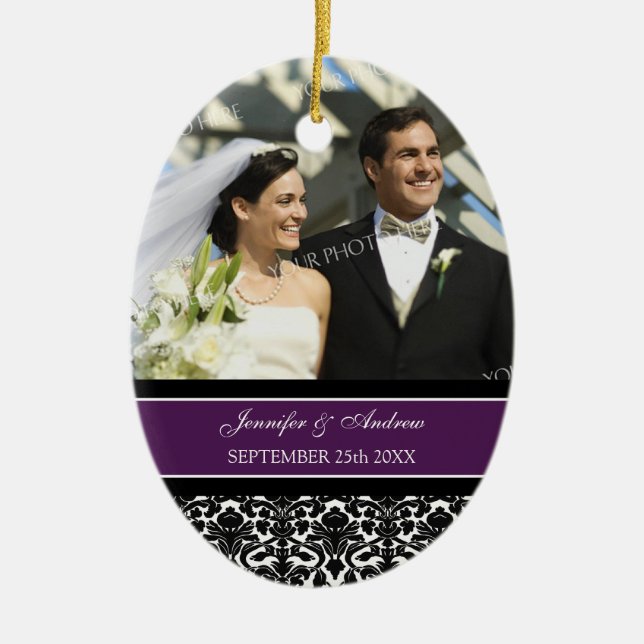 Wedding Ornament Favor Plum Black Damask (Front)