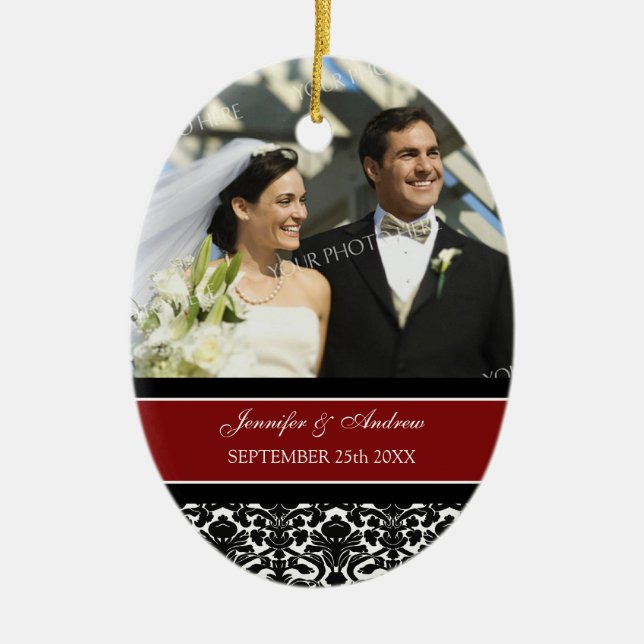 Wedding Ornament Favor Red Black Damask (Front)