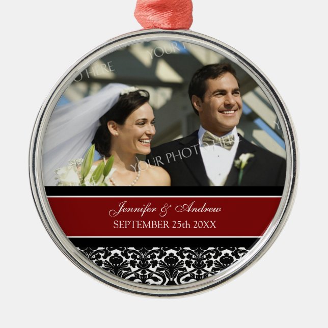 Wedding Ornament Favor Red Black Damask (Front)