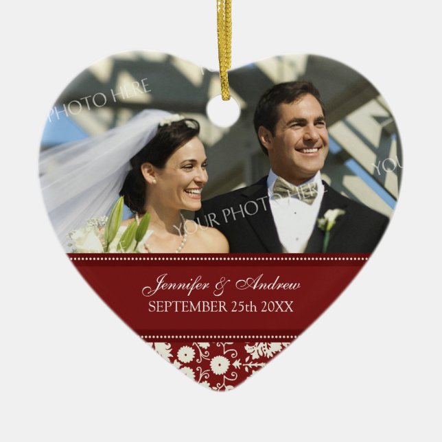 Wedding Ornament Favor Red White Damask (Front)