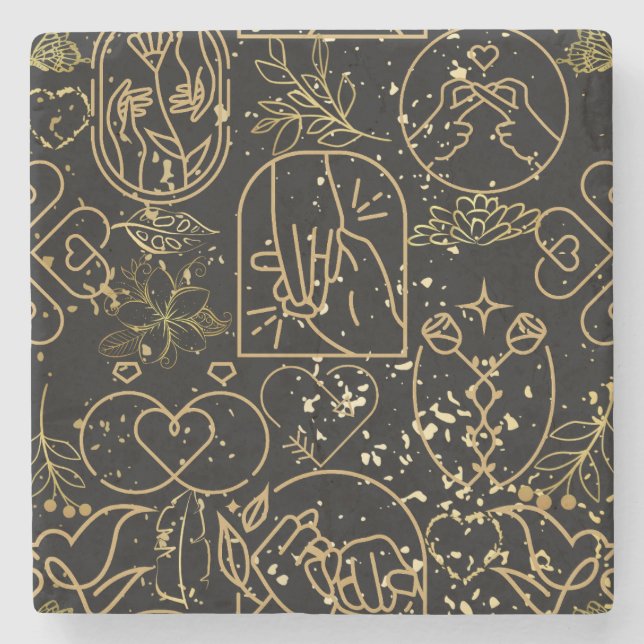 Wedding ornaments pattern in Gold Black BG Stone Coaster (Front)