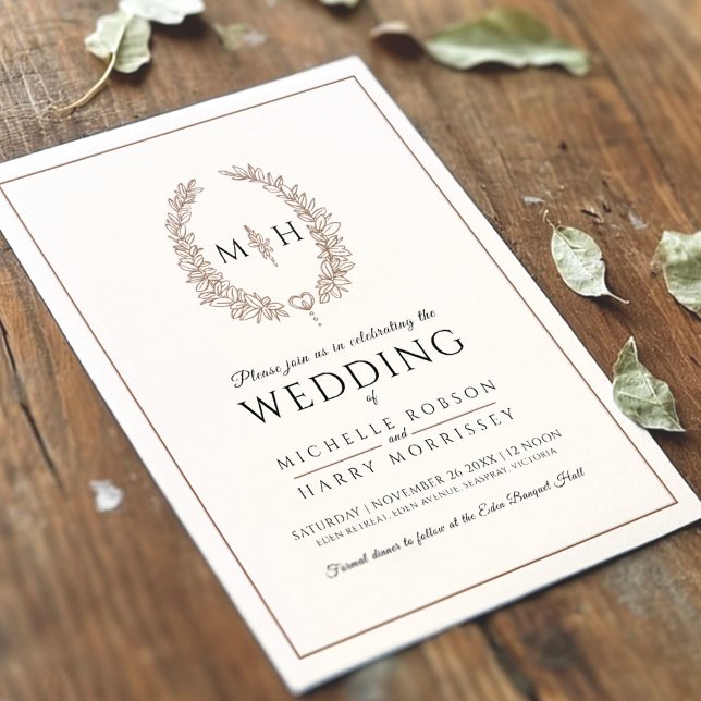 Wedding oval monogram leaves letterpress photo cards (Creator Uploaded)