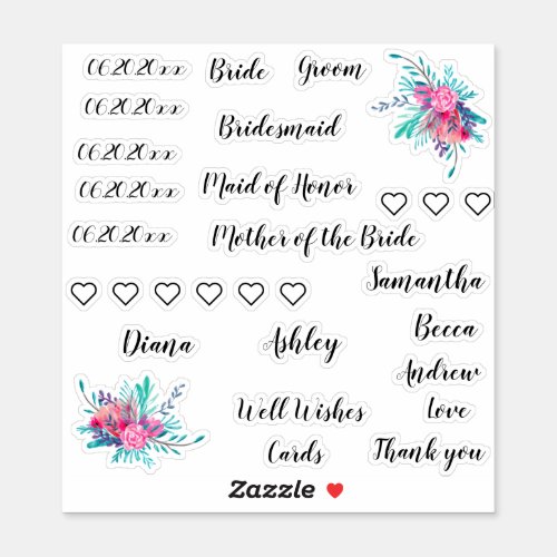 Wedding Pack  Typography names dates floral glass Sticker