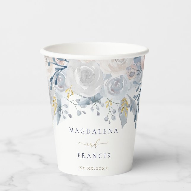 wedding pale blue roses paper cups (Front)