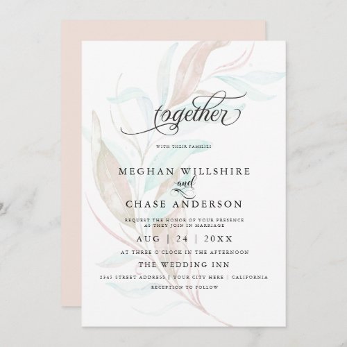 WEDDING  Pale Coral Teal Watercolor Foliage Invitation