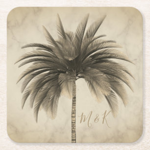 Wedding Palm Tree Elegant Retro Chic Marble Square Paper Coaster