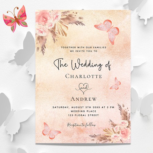 Wedding pampas blush rose floral butterfly luxury invitation