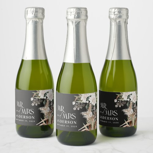 Wedding pampas eucalyptus modern black party favor sparkling wine label