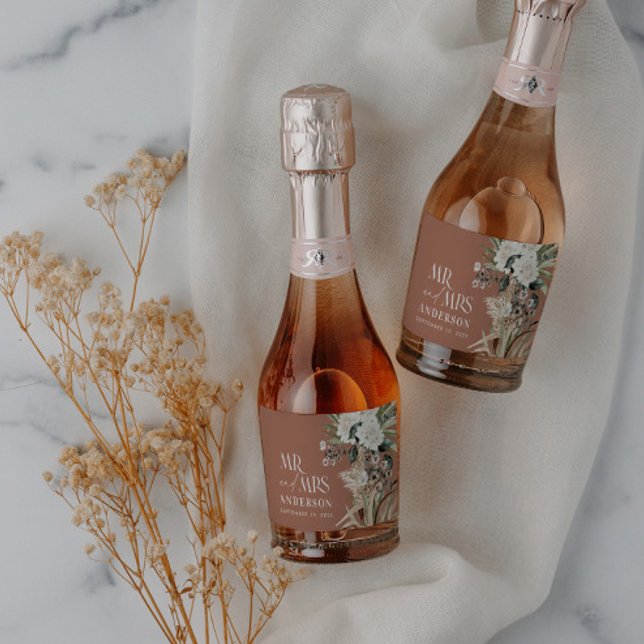 Wedding pampas eucalyptus modern mr and mrs party  sparkling wine label (Creator Uploaded)