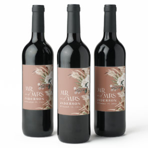Wedding pampas eucalyptus modern mr and mrs party  wine label