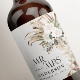 Wedding pampas eucalyptus modern mr and mrs party wine label