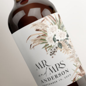 Wedding pampas eucalyptus modern mr and mrs party wine label