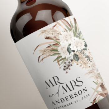 Wedding Pampas Eucalyptus Modern Mr And Mrs Party Wine Label by paper_petal at Zazzle