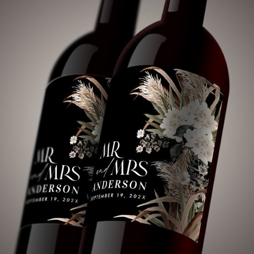 Wedding pampas eucalyptus modern mr and mrs party  wine label