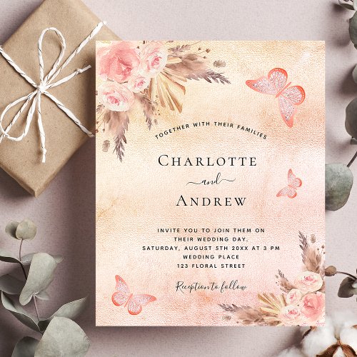 Wedding pampas grass blush butterfly boho invitation postcard