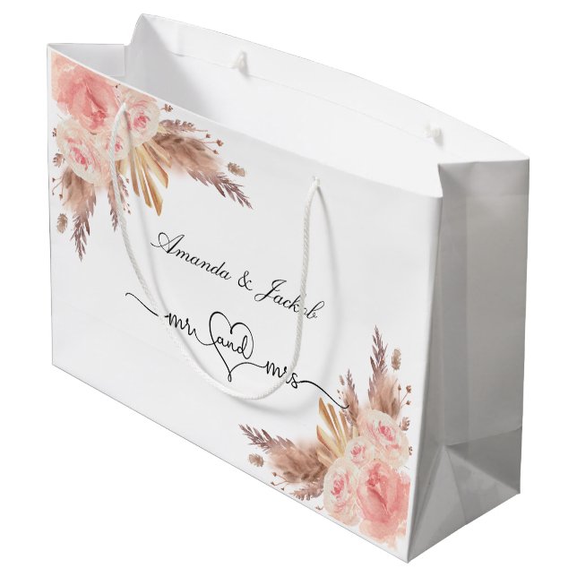 Wedding pampas grass blush pink floral rose large gift bag (Back Angled)