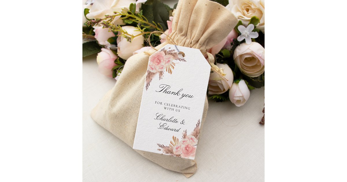 Wedding pampas grass blush rose gold thank you gift tags | Zazzle