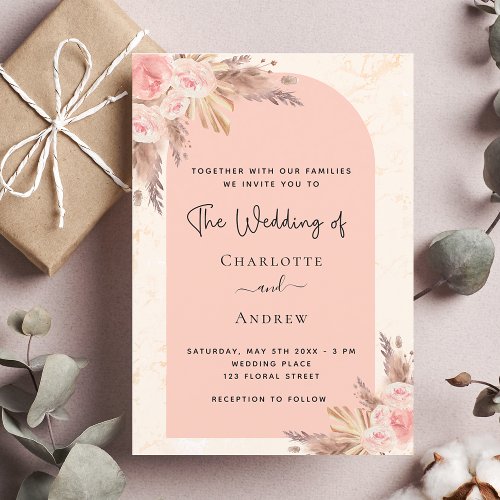 Wedding pampas grass rose gold blush boho invitation