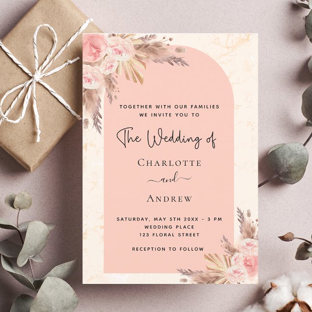 Wedding pampas grass rose gold blush boho invitation (Creator Uploaded)