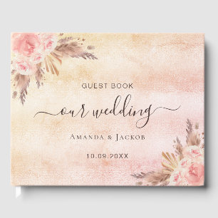 Wedding pampas grass rose gold blush pink boho guest book