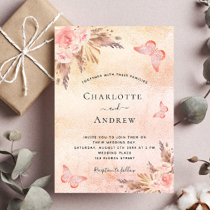Wedding pampas grass rose gold butterfly luxury invitation