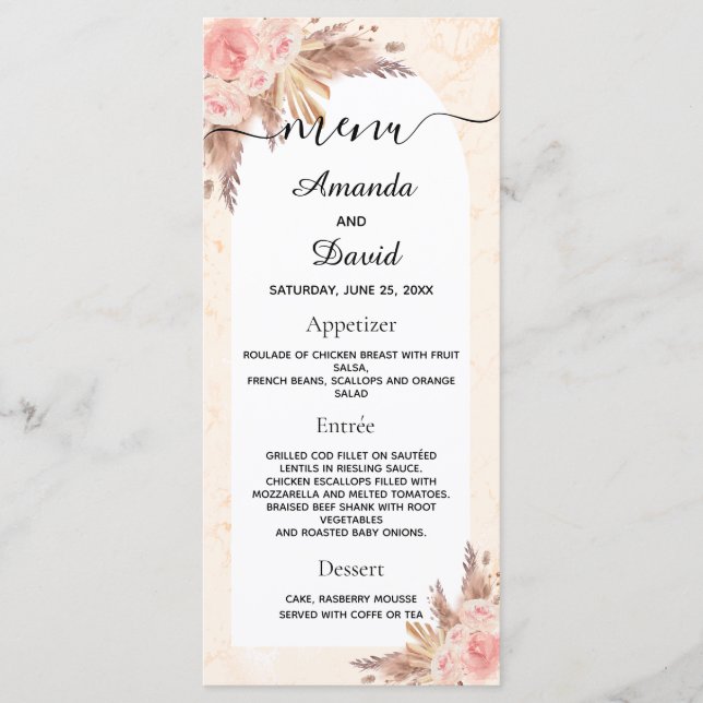 Wedding pampas grass rose gold floral marble menu (Front)