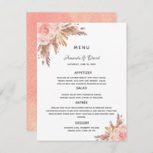 Wedding pampas grass rose gold floral menu card