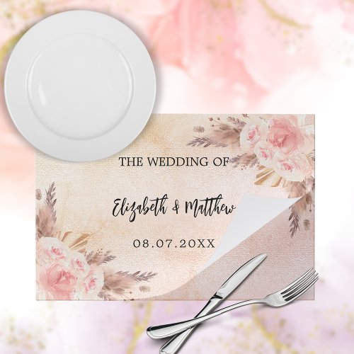 Wedding pampas grass rose paper placemat