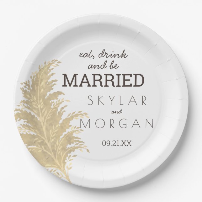 Wedding Pampas Grass Tan On White Boho Rustic Paper Plates (Front)