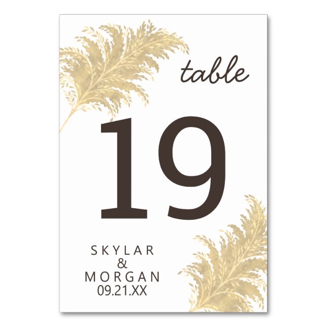 Wedding Pampas Grass Tan On White Trendy Rustic Table Number (Front)