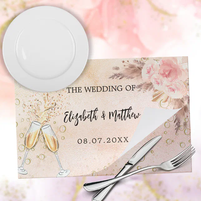 Wedding pampas rose boho paper placemat Zazzle