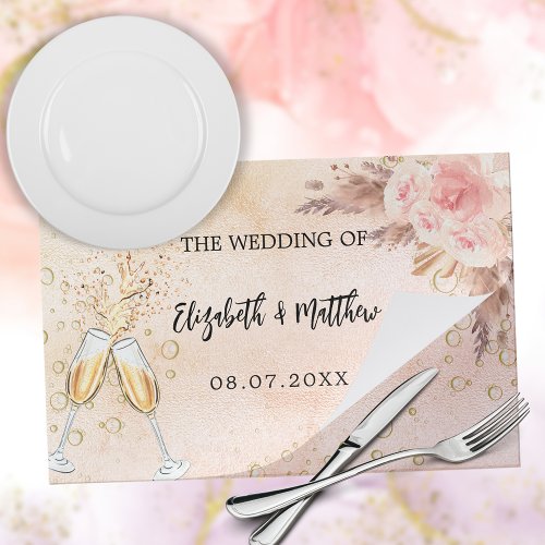 Wedding pampas rose boho paper placemat