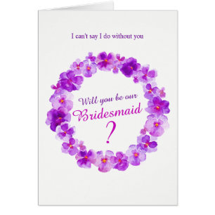 Wedding pansy purple will you be our bridesmaid? cards