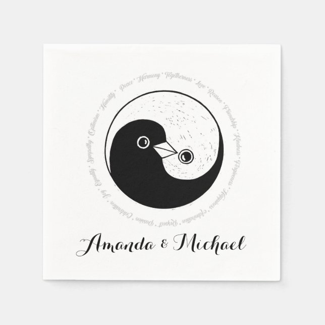 WEDDING PAPER NAPKIN. b/w YinYang doves. Paper Napkins (Front)