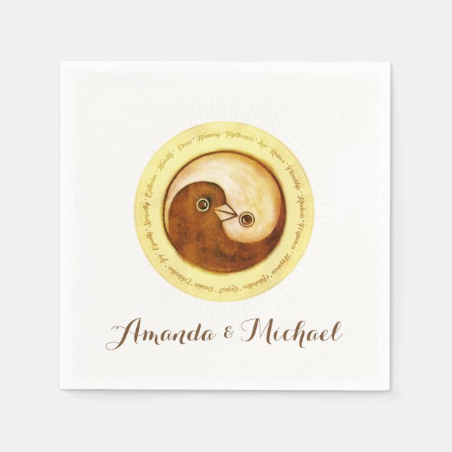 WEDDING PAPER NAPKIN. Gold YinYang doves. Napkins (Front)