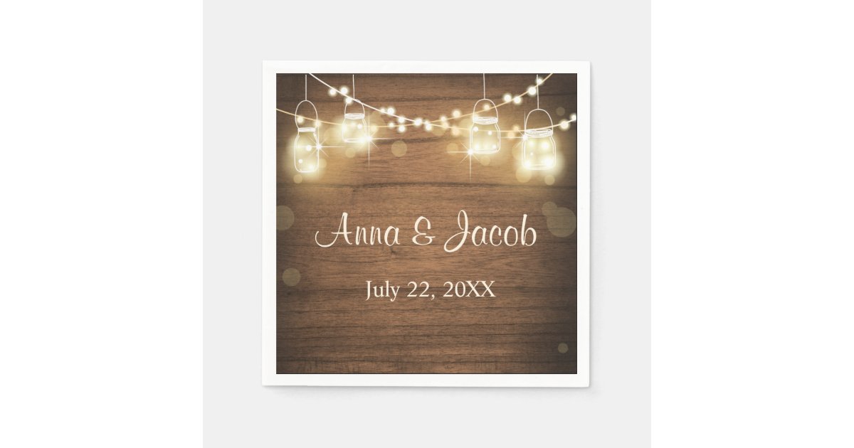 Wedding paper napkins Rustic wood string lights | Zazzle