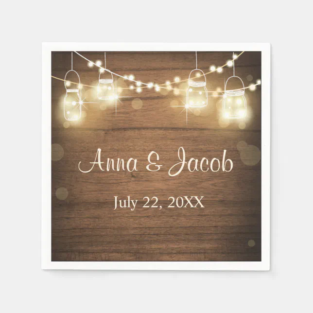 Wedding paper napkins Rustic wood string lights | Zazzle