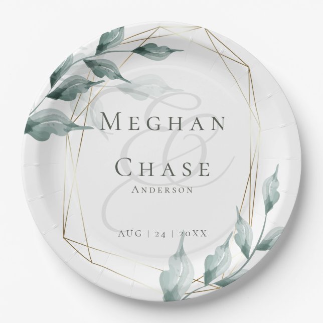 Wedding Paper Plate  | Grayed Jade Green Botanical (Front)