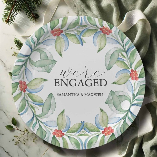 Wedding Paper Plates for Christmas (Paper plates for Christmas featuring a watercolor wreath of greenery and red berries)