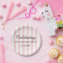 Wedding Paper Plates, Pink & White Stripe