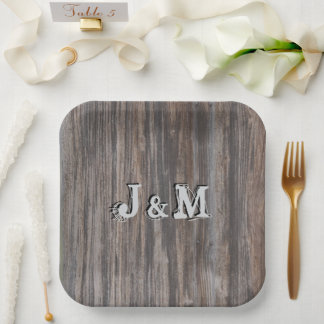 Wedding Paper Plates Wood Look Initials in Center