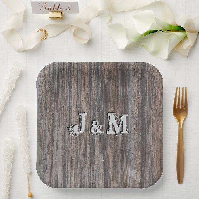 Wedding Paper Plates Wood Look Initials in Center (Wedding)