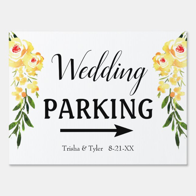 "Wedding Parking" Names & Date, Yellow W/C Flowers Sign (Front)