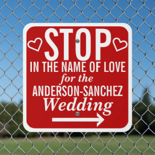 Wedding Parking Stop Arrow Editable Names Colors Metal Sign